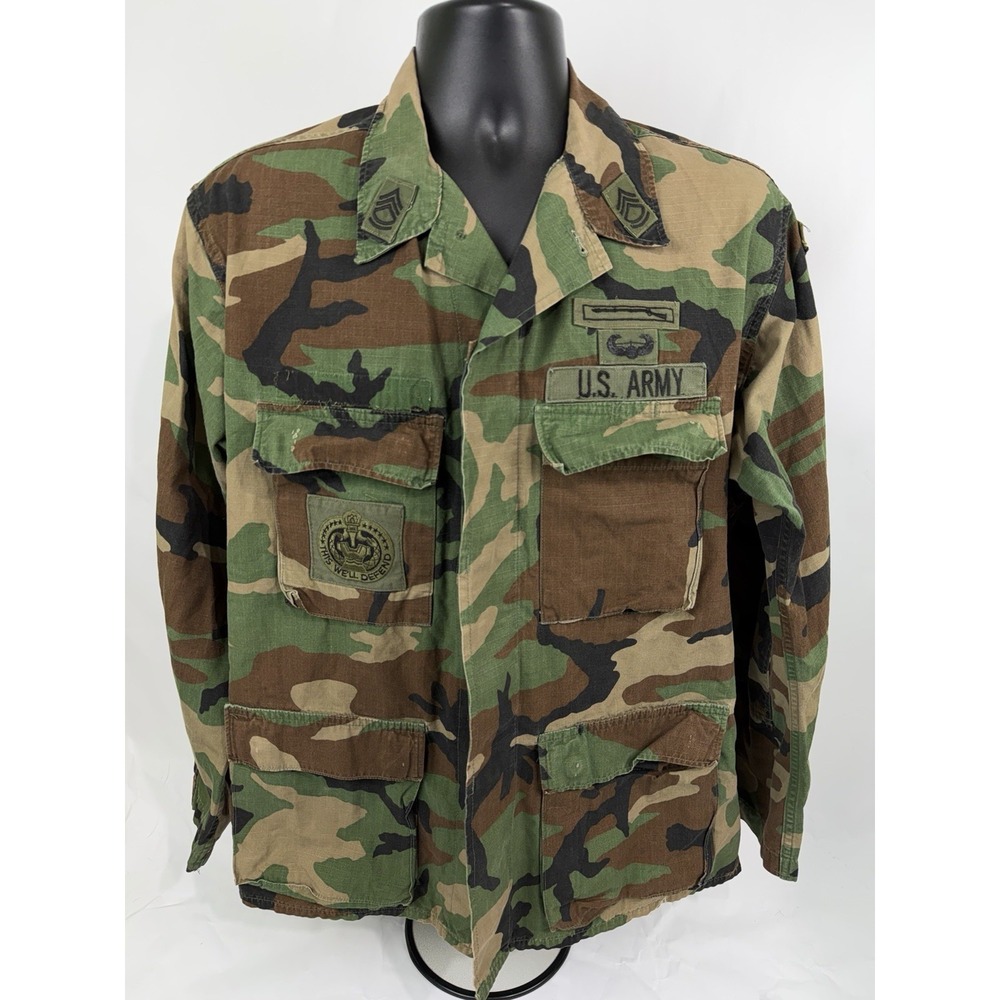 US Army Woodland Camo BDU‎ Jacket Medium Hot Weather Airborne Patches